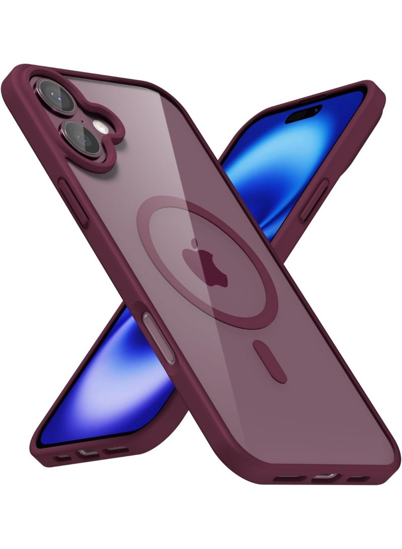 جراب مغناطيسي شفاف لهاتف آيفون 16 [مقاوم للصدمات ونحيف] غطاء خلفي صلب شفاف مع حماية عالية الجودة | أحمر داكن